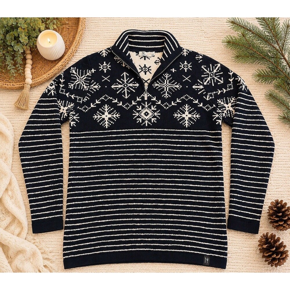Neve Sweater Womens Large Black 100% Wool Nordic Fair Isle Sweater 1/4 Zip